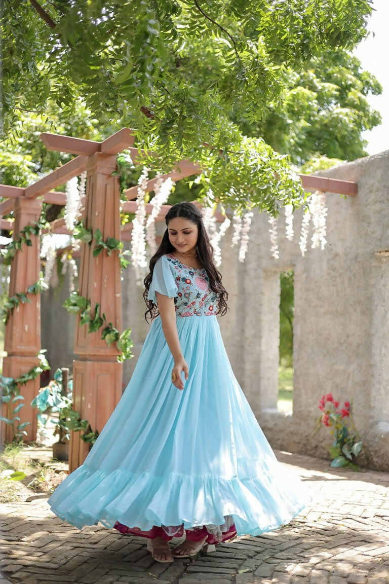 Jyoti Fashion Women's Sky Blue Sequins Thread Embroidery Faux Georgette Anarkali Dress | Swadesiicart