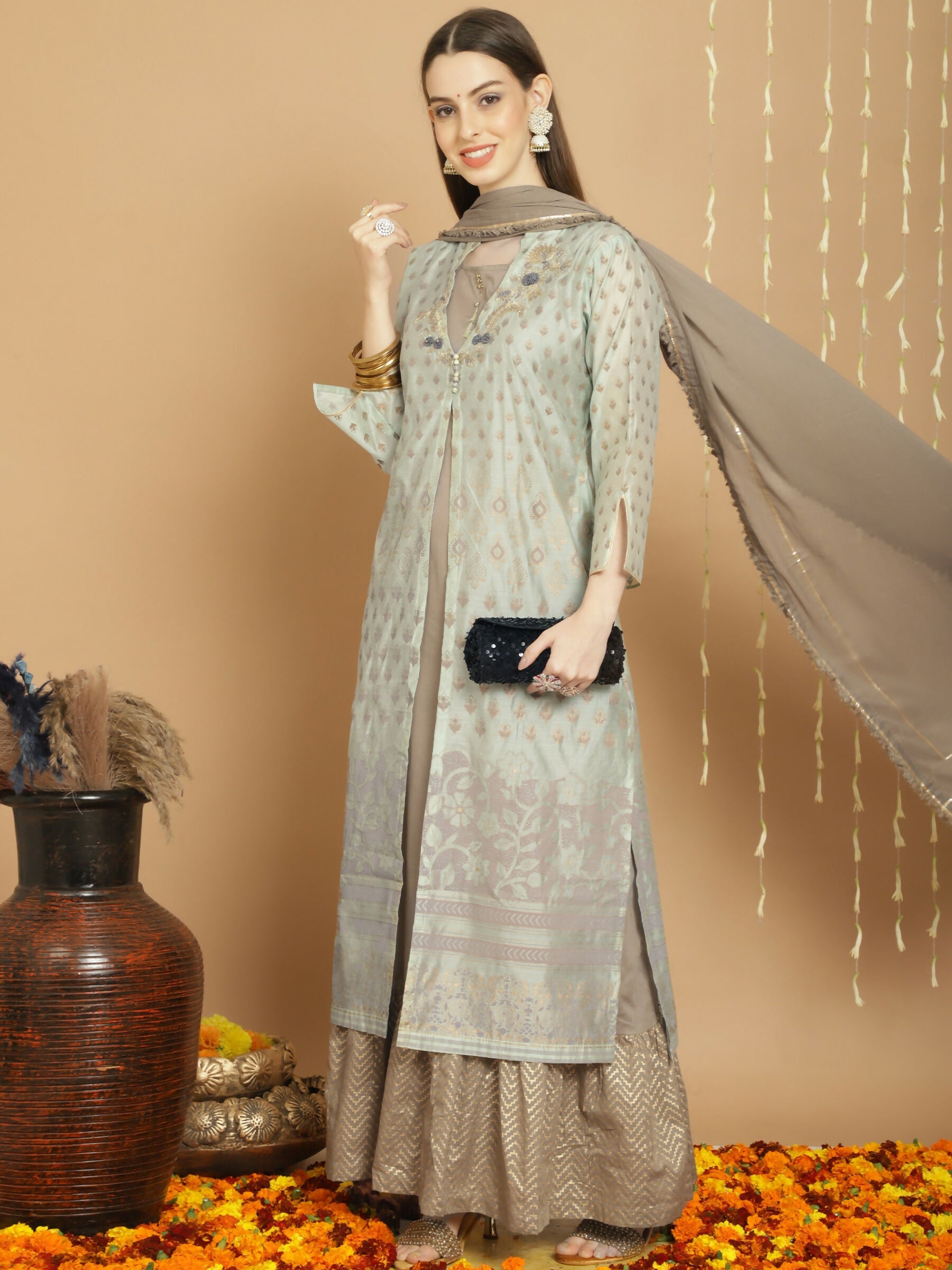 Jyoti Fashion Women's Green Chanderi Silk Elegant Jardoshi Semi Kurta with Trouser & Dupatta | Swadesiicart