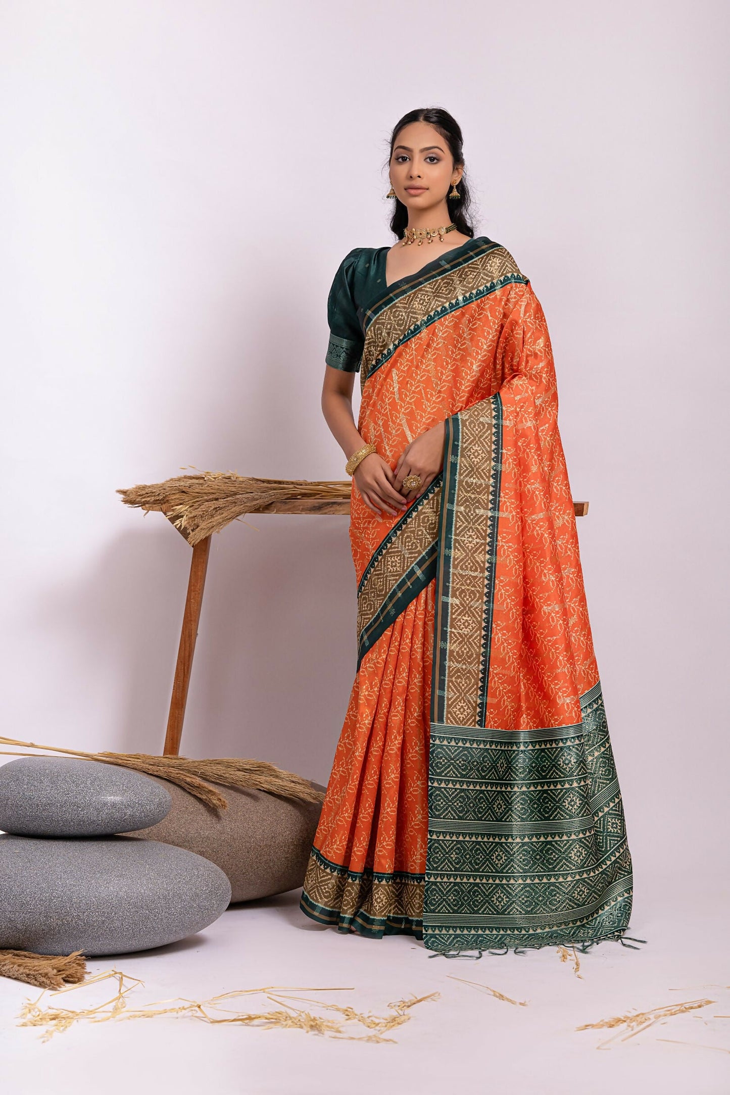 Vishnu Weaves Women's Orange Soft Tussar Silk Zari Woven Saree with Blouse - Swadesiicart