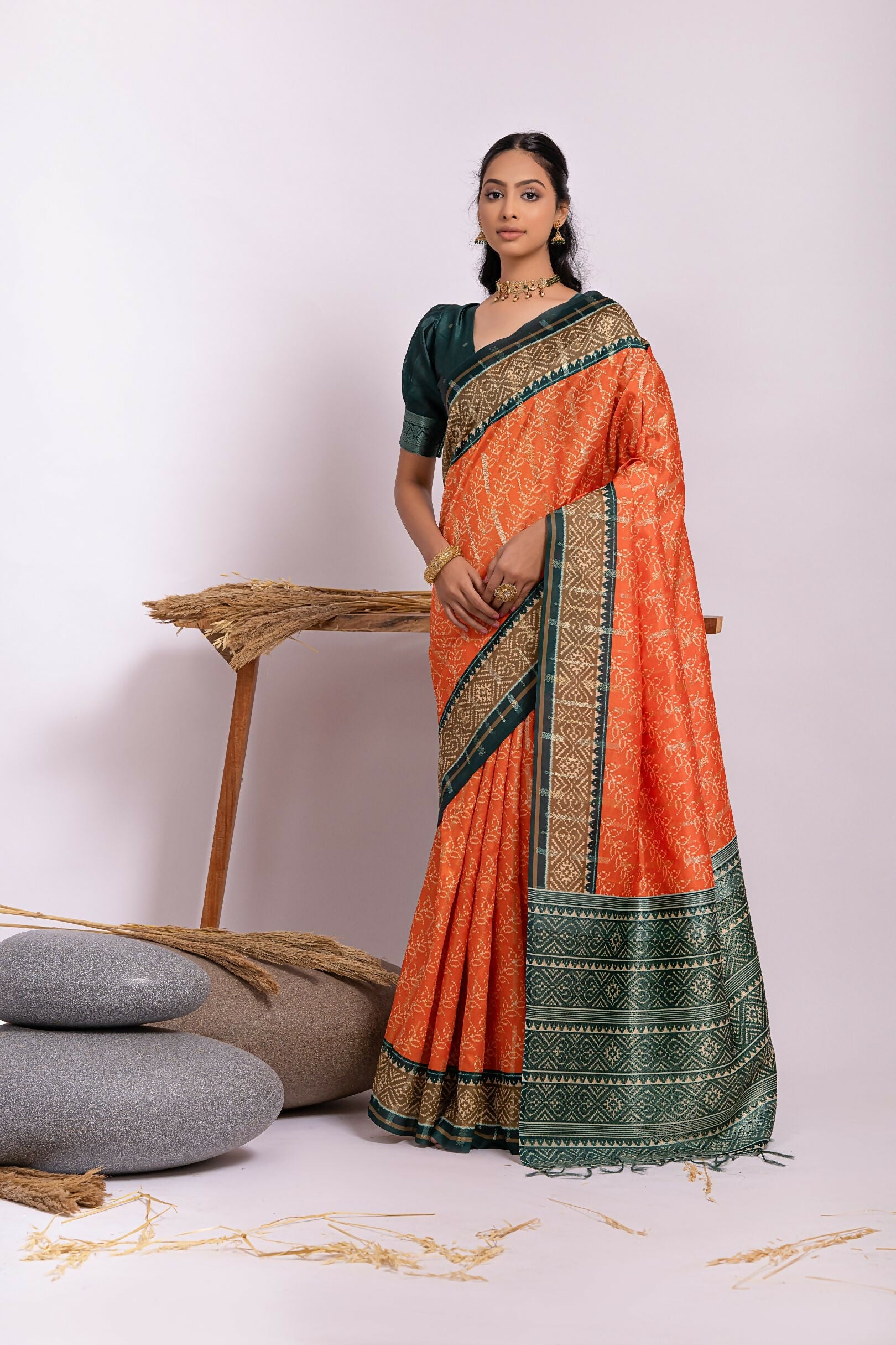 Vishnu Weaves Women's Orange Soft Tussar Silk Zari Woven Saree with Blouse - Swadesiicart