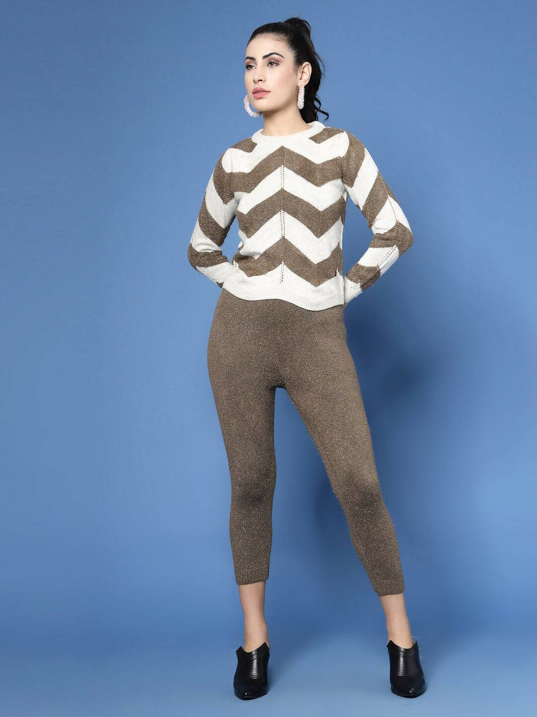Women Cream Acrylic Stripe & Solid Winter Co-Ord Set - Wool Trees - Swadesiicart