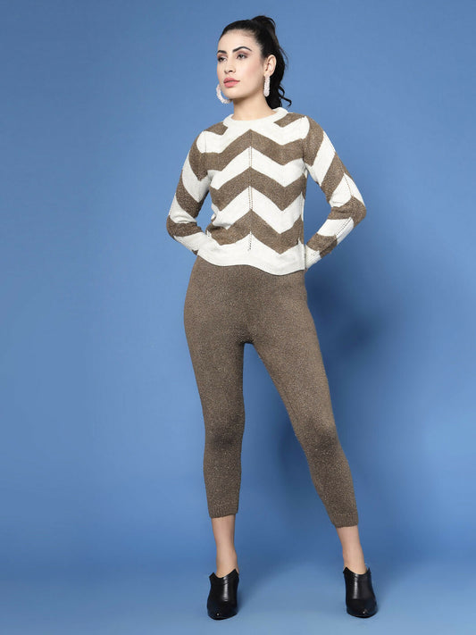 Women Cream Acrylic Stripe & Solid Winter Co-Ord Set - Wool Trees - Swadesiicart