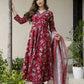 The52 Maroon Women's Gorgeous Rayon Fabric Printed Work Flared Kurta, Pant and Dupatta Set - Swadesiicart