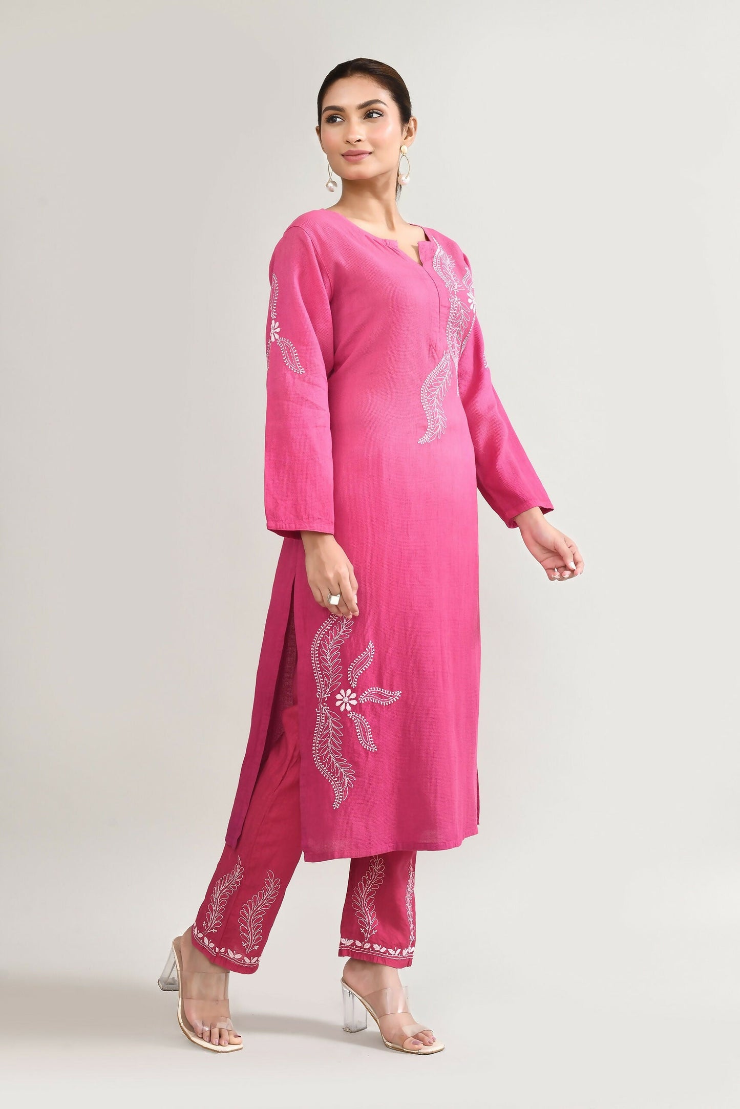 Joban Fashion Womens Cotton ChikanKari pink Kurta set - Swadesiicart