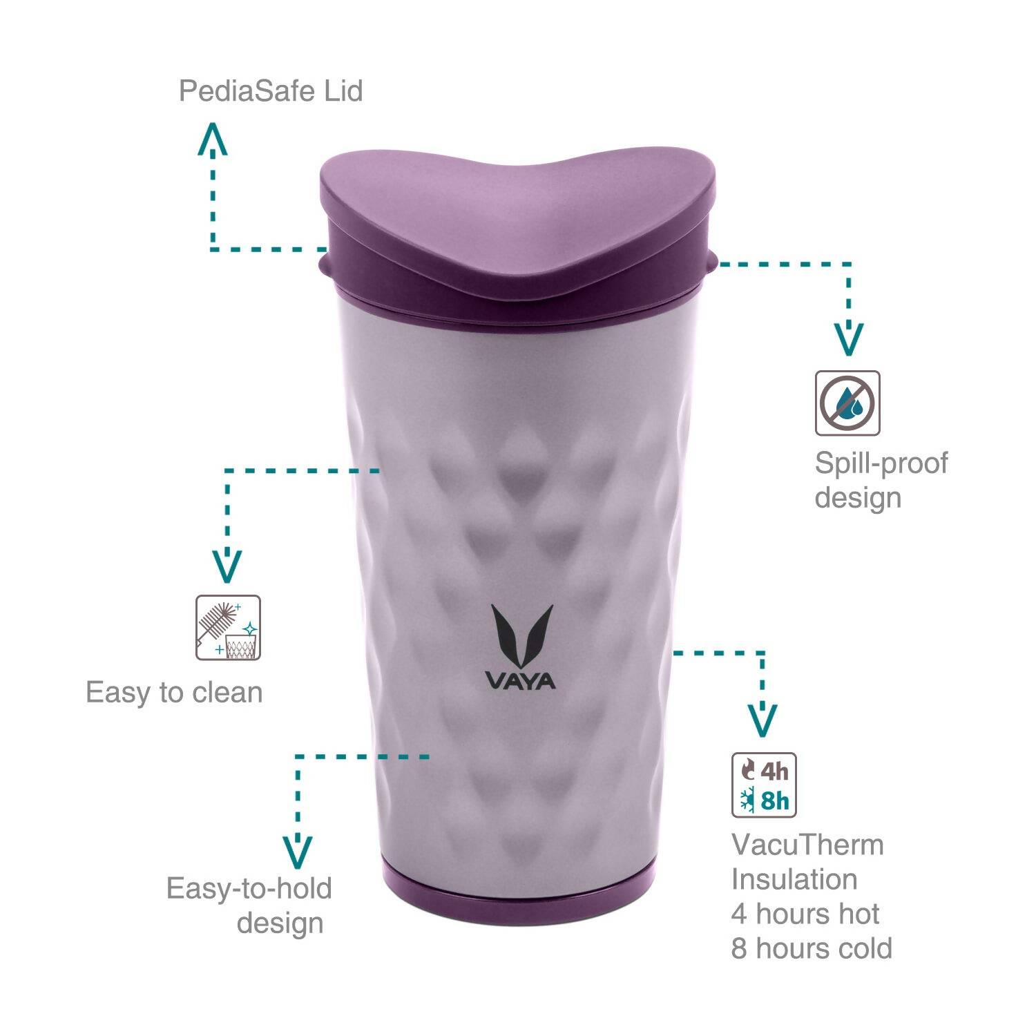 Vaya Drynk Stainless Steel Tumbler with Spill-Proof PediaSafe Lid - 350ml (Purple) | Swadesiicart