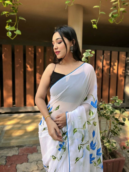 Vamsee Aditi White Georgette Saree - Swadesiicart