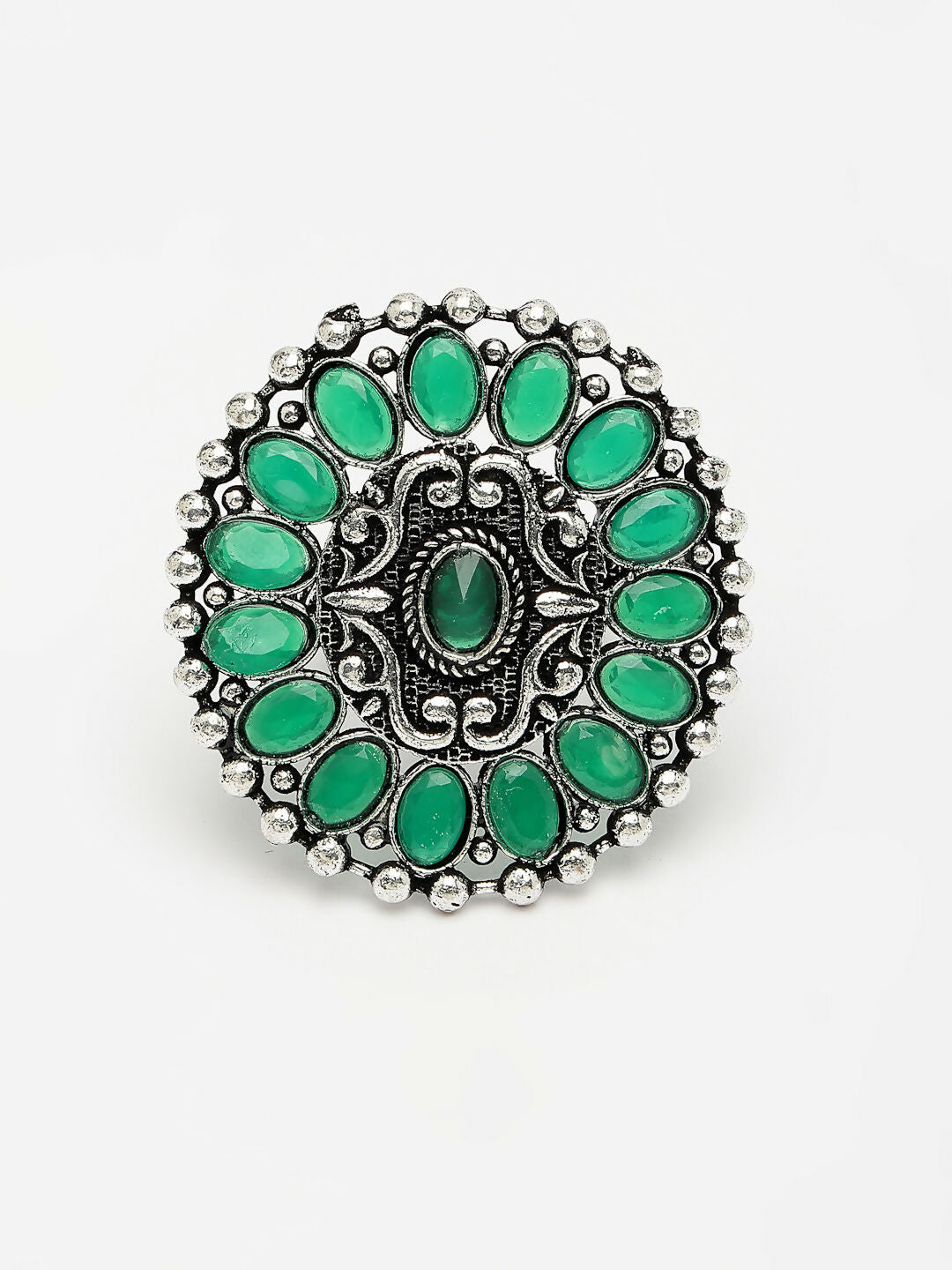NVR Women's Green Silver-Plated Circular Shape Adjustable Finger Ring | Swadesiicart