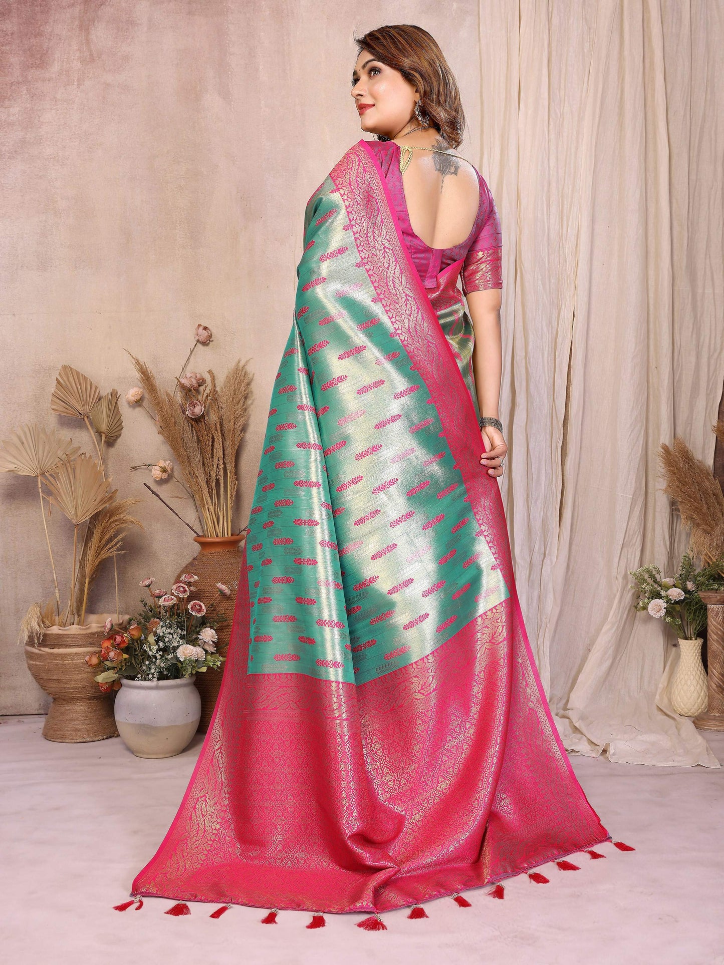 Aastha Fashion Sea Green Tissue Silk Paithani Woven Saree