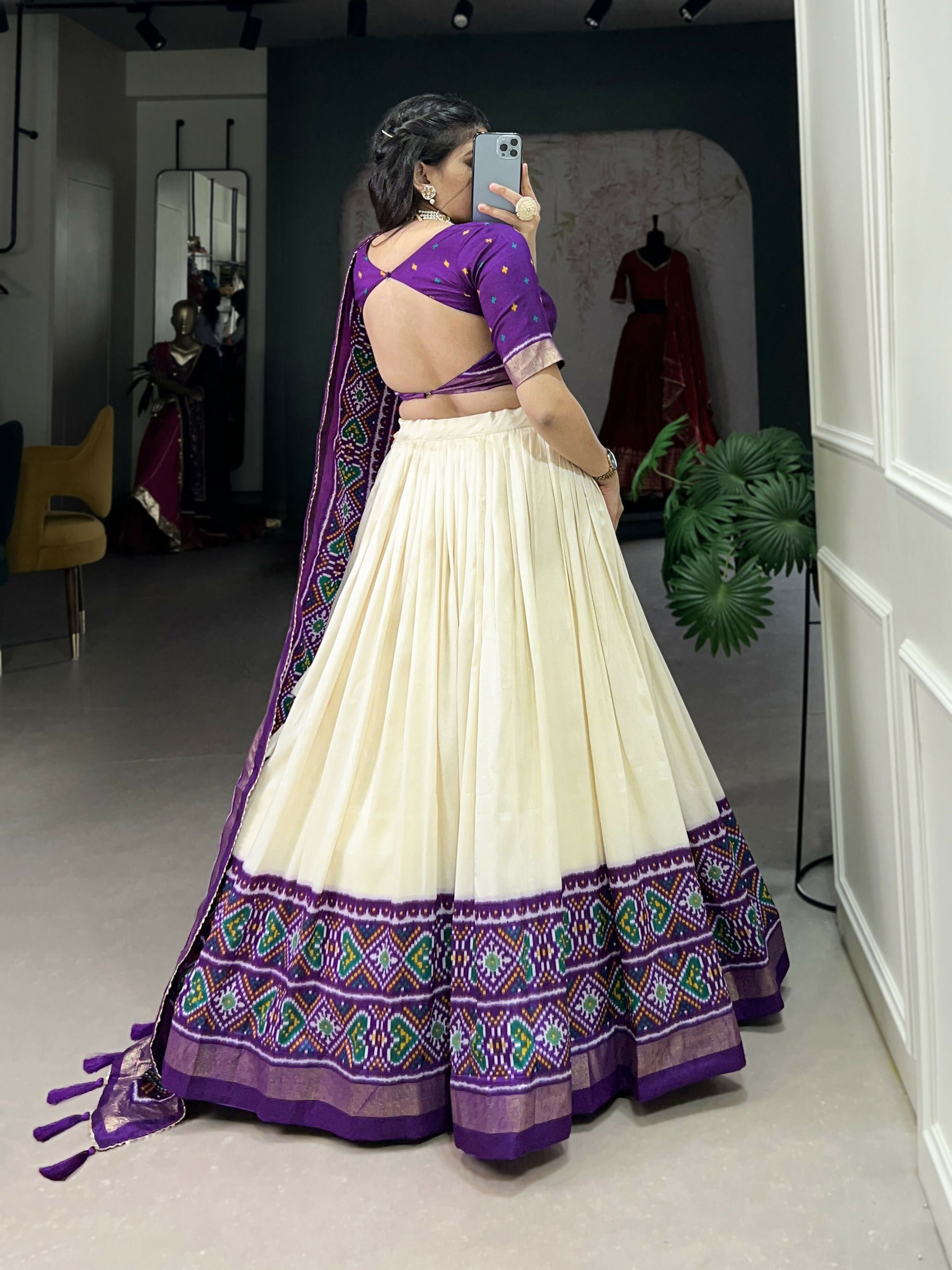 Lorenvalley Offwhite and Purple Tussar Silk Patola Print Lehenga Choli | Swadesiicart