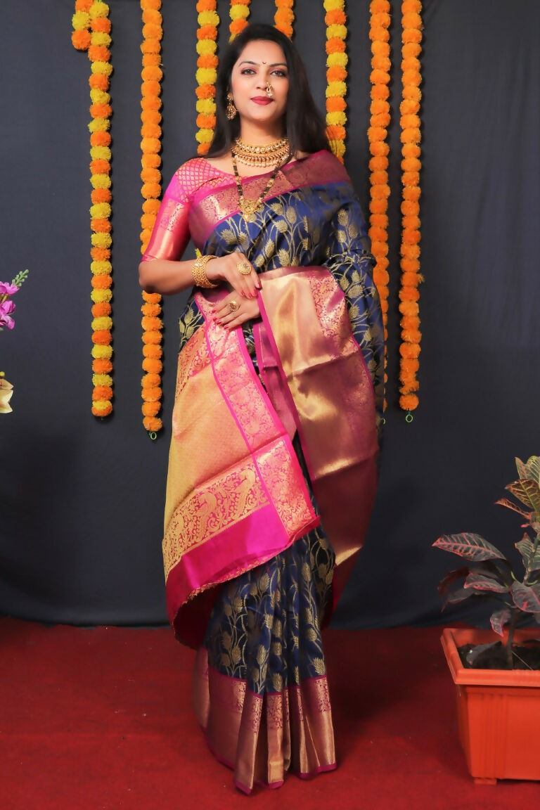 Jyoti Fashion Women's Navy Blue Kanjivaram Silk Zari Woven Saree with Blouse | Swadesiicart