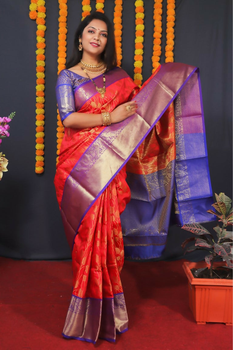Jyoti Fashion Women's Red Kanjivaram Silk Zari Woven Saree with Blouse | Swadesiicart