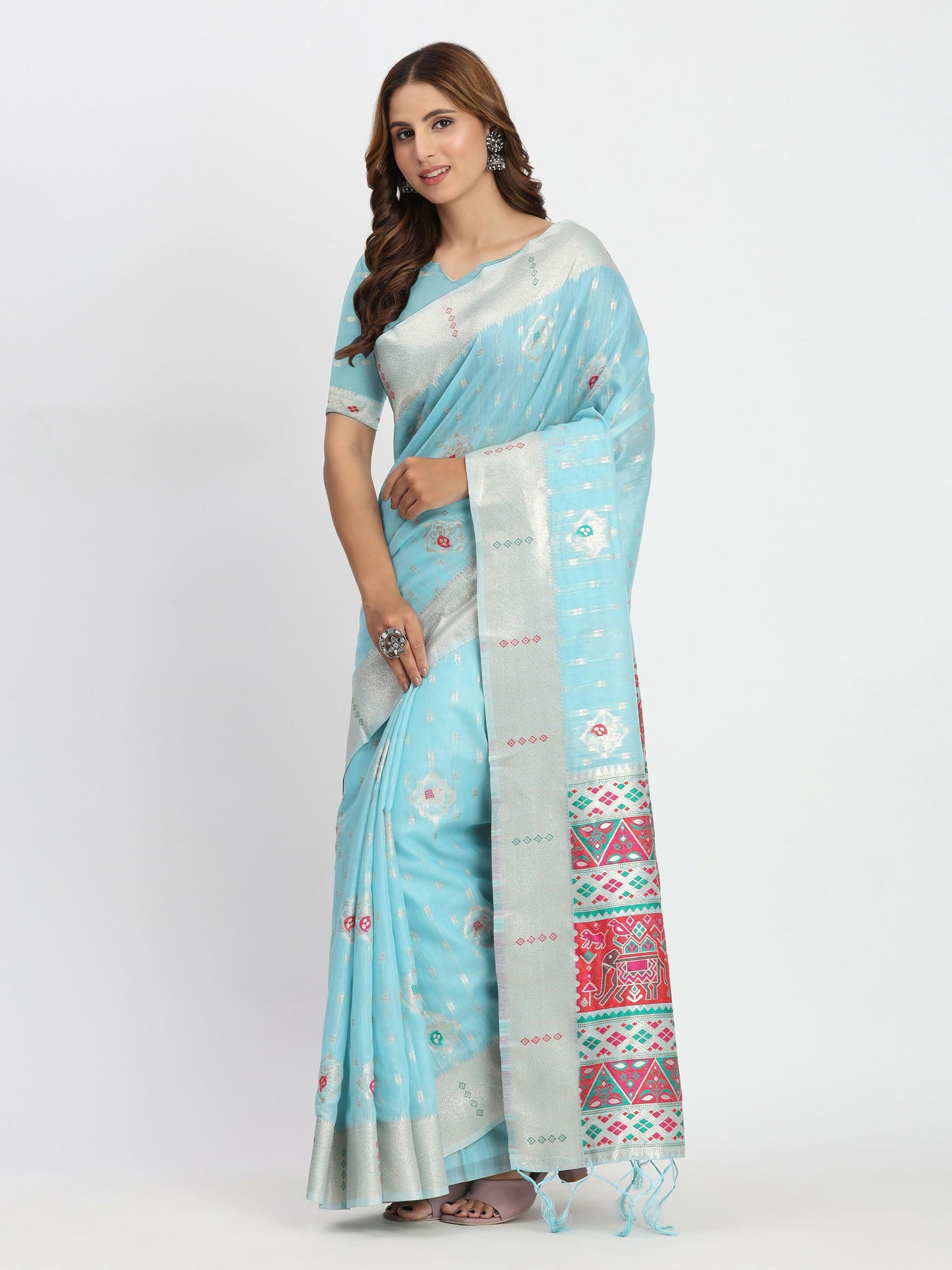 Shree Shyam Fashion Linen Cotton Sky Blue Saree