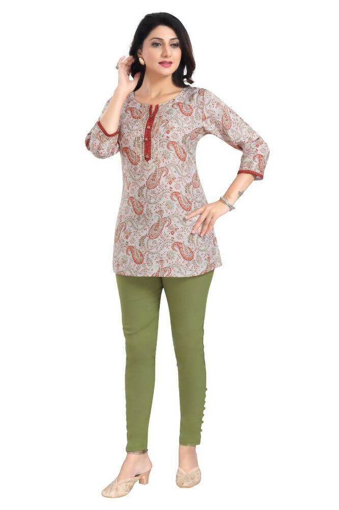 Snehal Creations Charming Cream Rayon Short Kurti Tunic Top - Swadesiicart