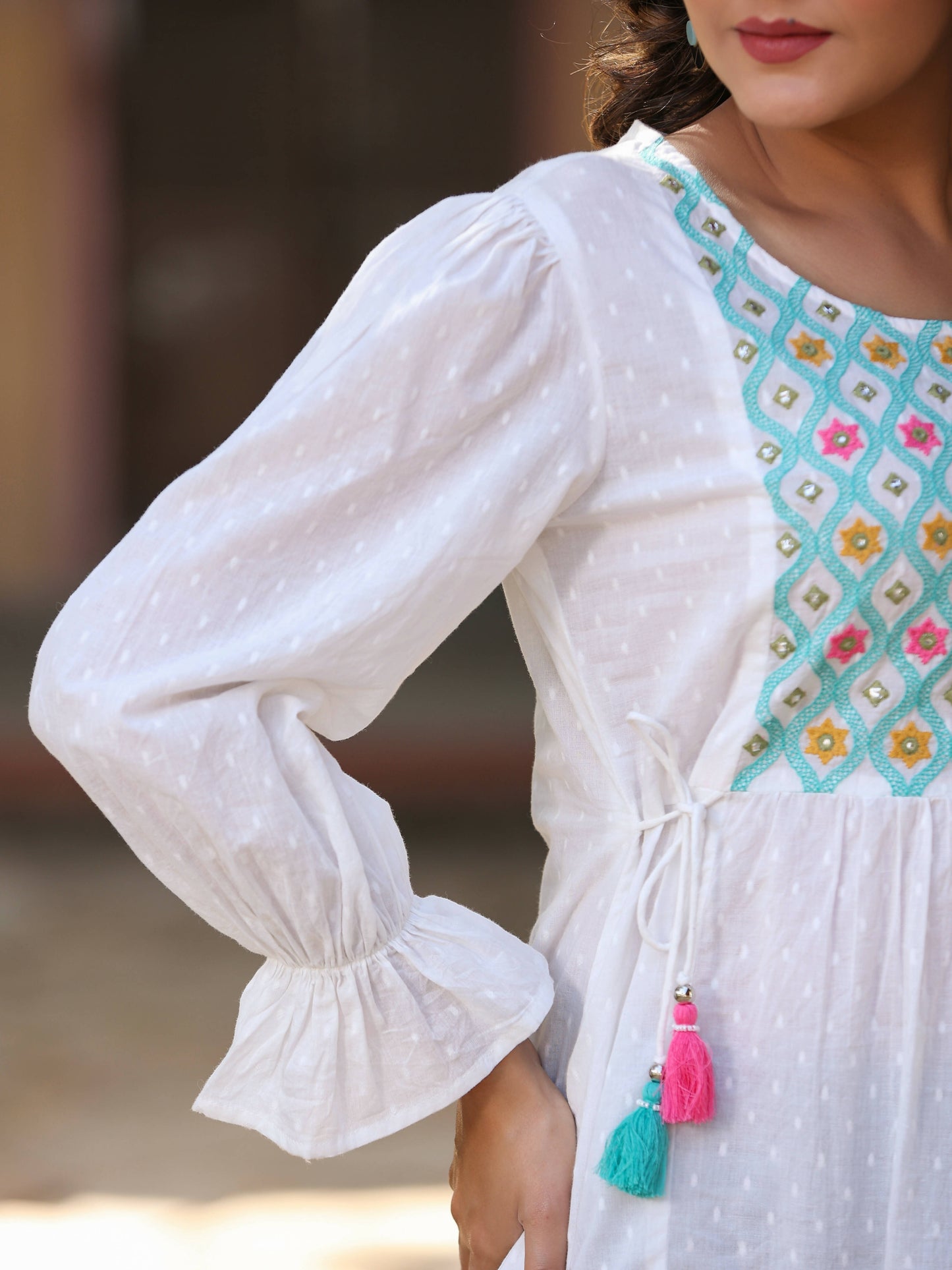 Juniper Women's White Cotton Dobby Solid With Multi Color Embroidered Tunic | Swadesiicart