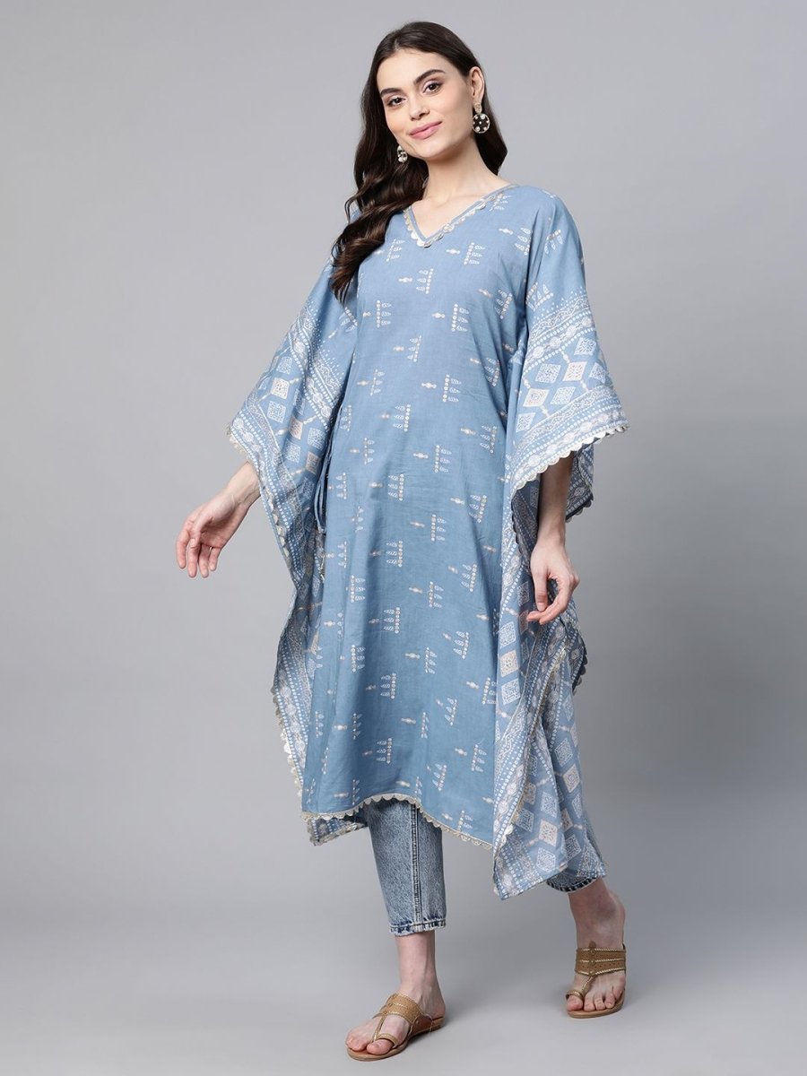 Ahalyaa Beige Pure Cotton Floral Printed Kaftan Kurta | Swadesiicart
