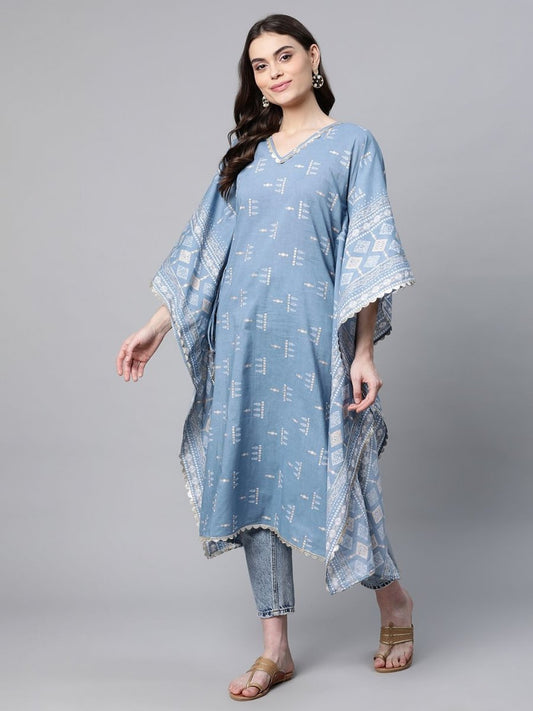 Ahalyaa Beige Pure Cotton Floral Printed Kaftan Kurta | Swadesiicart