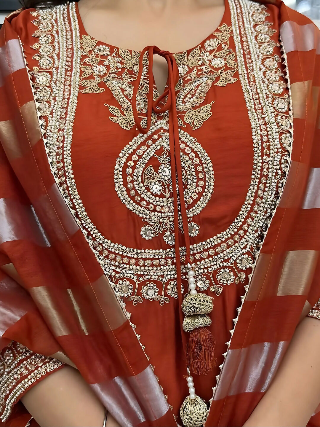 The52 Orange Women's Gorgeous Embroidered work Chanderi Fabric Straight Kurta, Pant and Dupatta Set - Swadesiicart