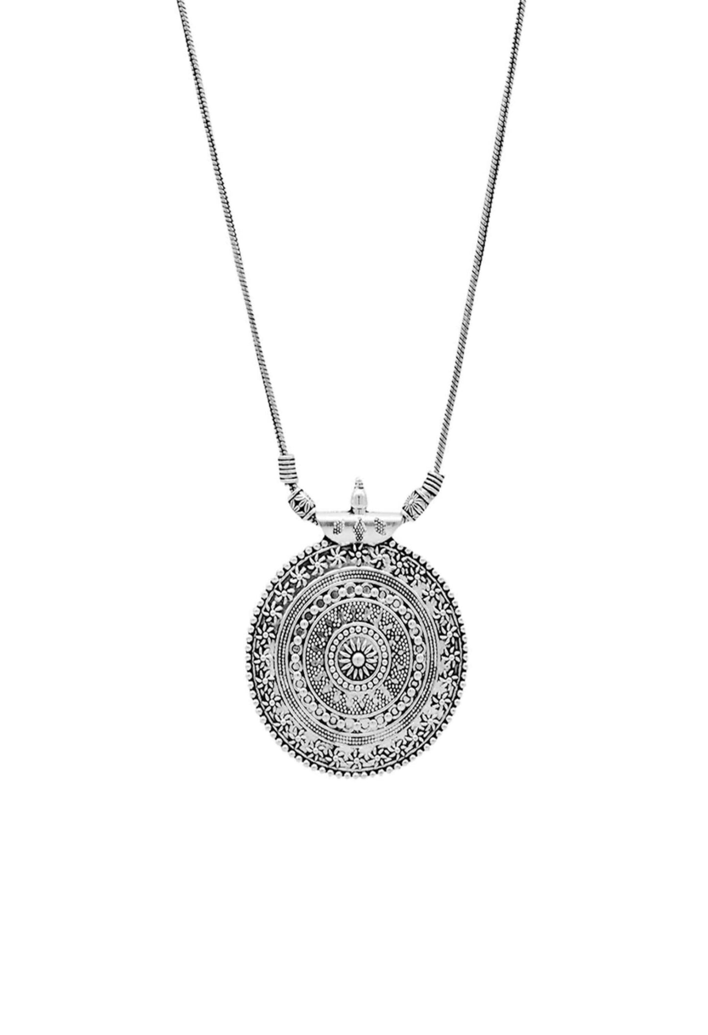 Mominos Fashion Johar Kamal Oxidised Silver-Plated Long Chain with Pendant & Studs For Women | Swadesiicart