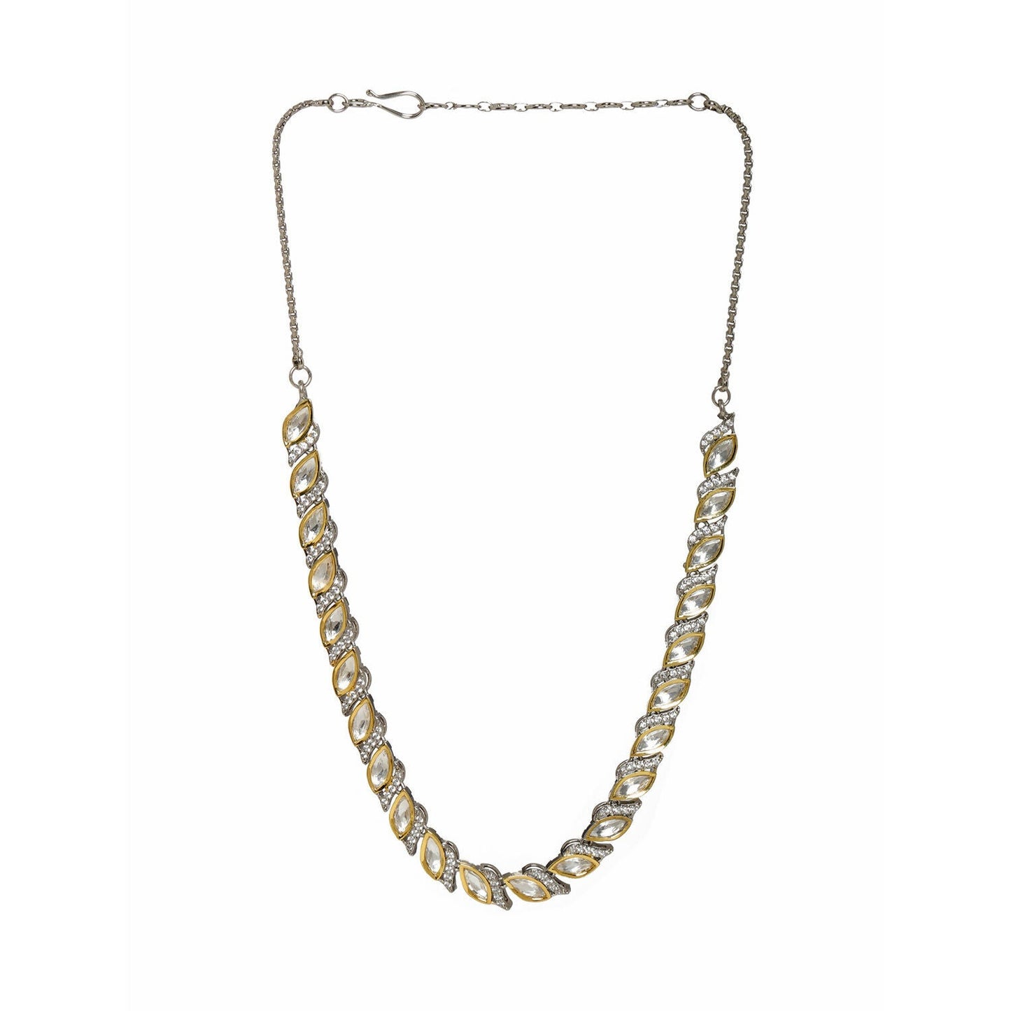 Leaf Shaped Neckpiece in Dual Tone Kundan and American Diamonds (Silver) - Ruby Raang | Swadesiicart