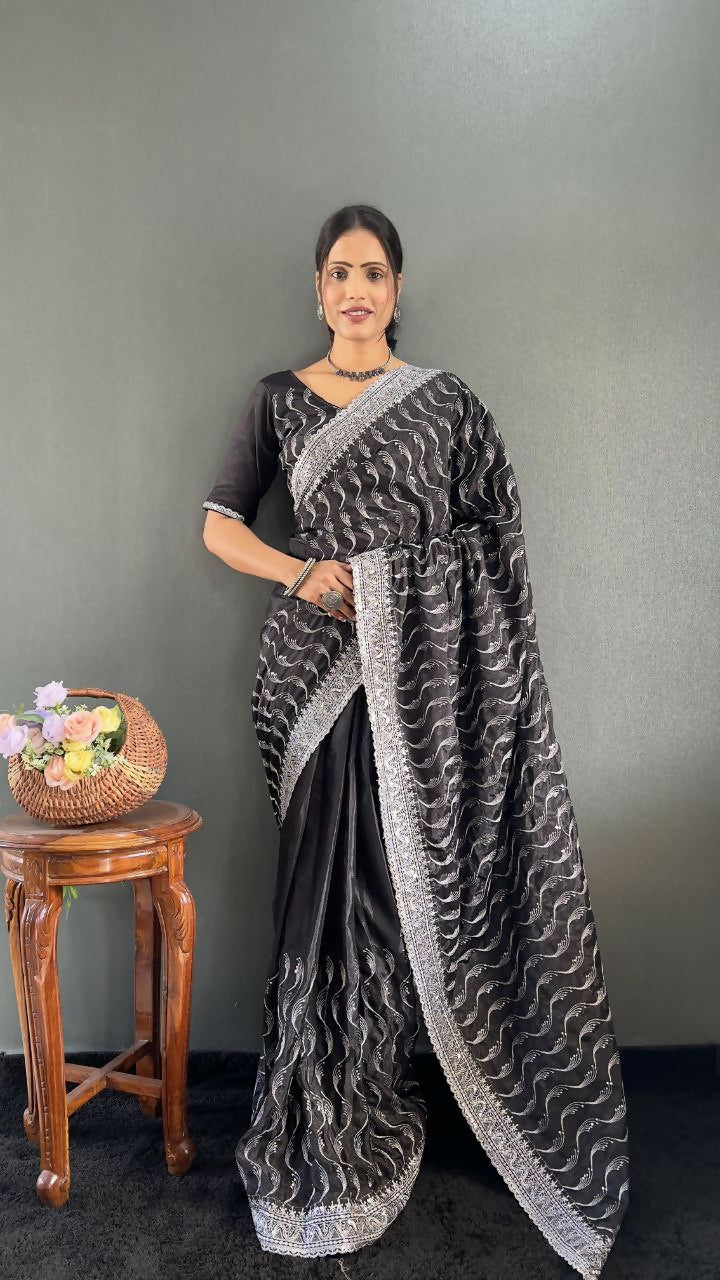 Vastranavya Black Chinnon Silk Embroidery Multi Sequence & Arco Cut Work Ready to Wear Saree | Swadesiicart