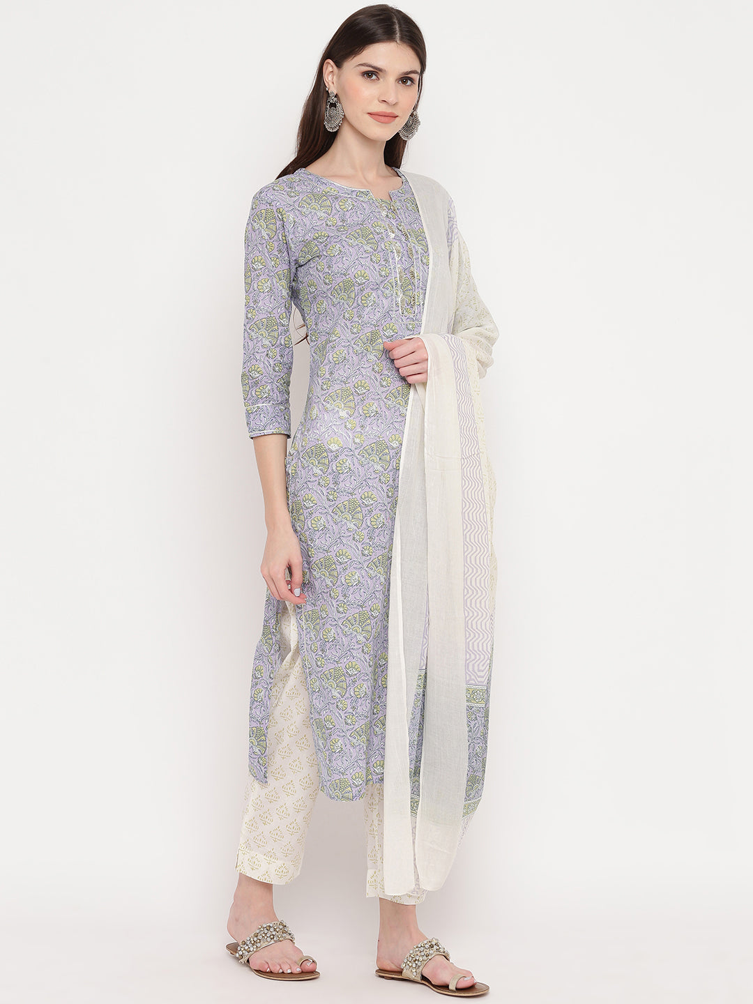 NOZ2TOZ Women's Purple Printed Kurta With Palazzo & Dupatta Set (Set of 3) - Swadesiicart