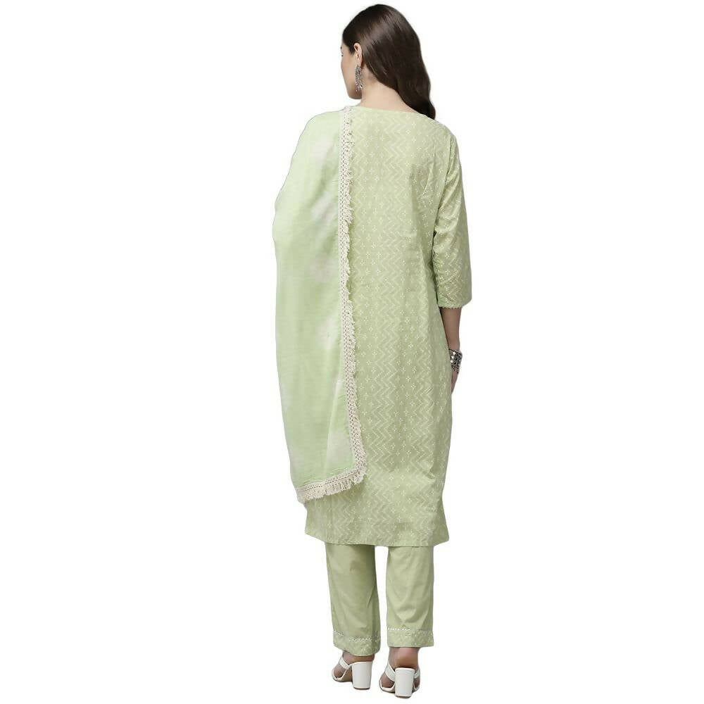 Anubhutee Women's Cotton Regular Bandhani Print Mirror Work Green Kurta Set | Swadesiicart