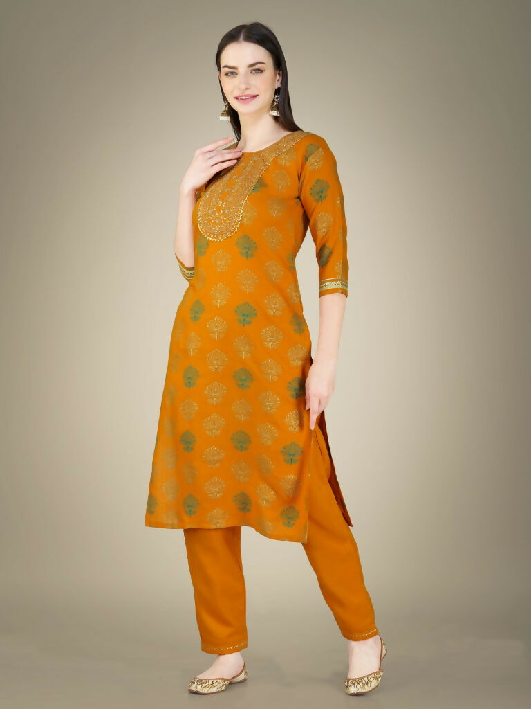 Jyoti Fashion Women's Yellow Cotton Magic Slub Embroidery & Sequence work Kurta with Trouser & Dupatta | Swadesiicart