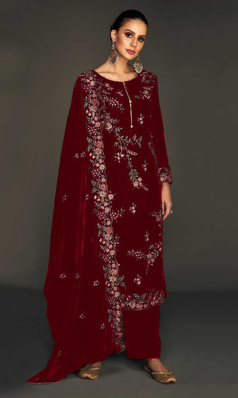 Anaita Maroon Pure Velvet Stitched Suit with Heavy Embroidery Sequence Work