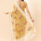 Beige Organza Floral Embroidered Saree with Unstitched Blouse Piece - Roozal