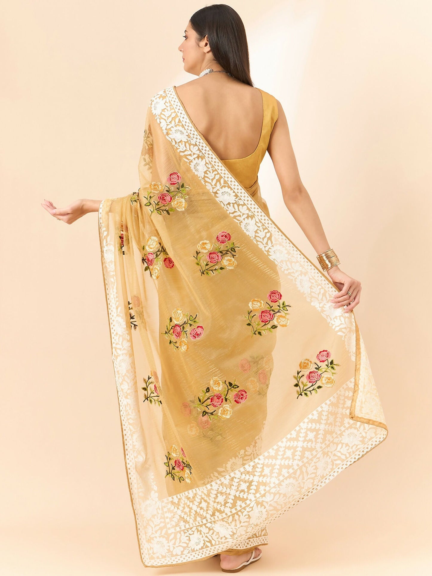 Beige Organza Floral Embroidered Saree with Unstitched Blouse Piece - Roozal