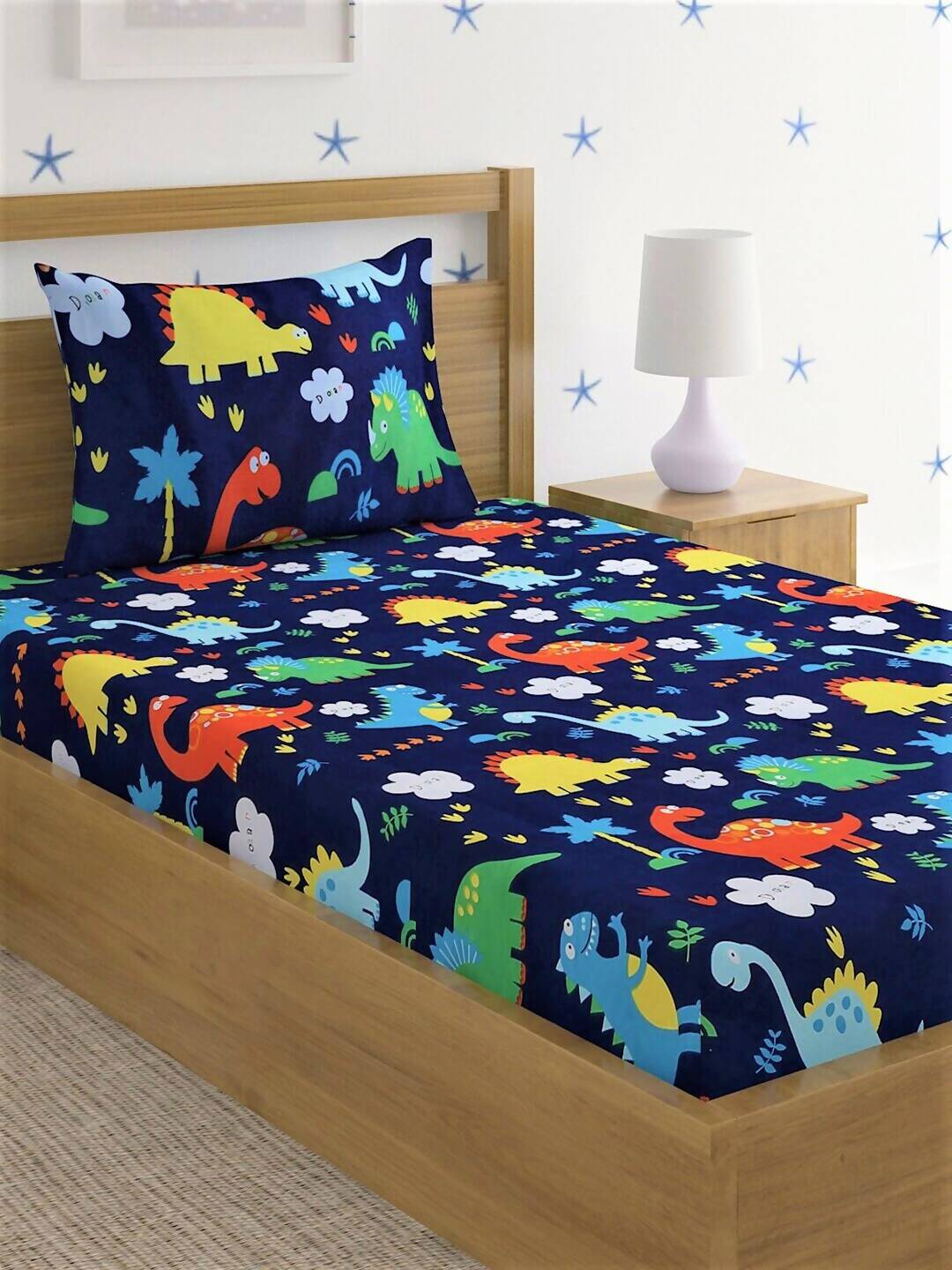 Home Sizzler Blue & Yellow Printed 210 TC Bedsheet with Pillow Covers - Swadesiicart