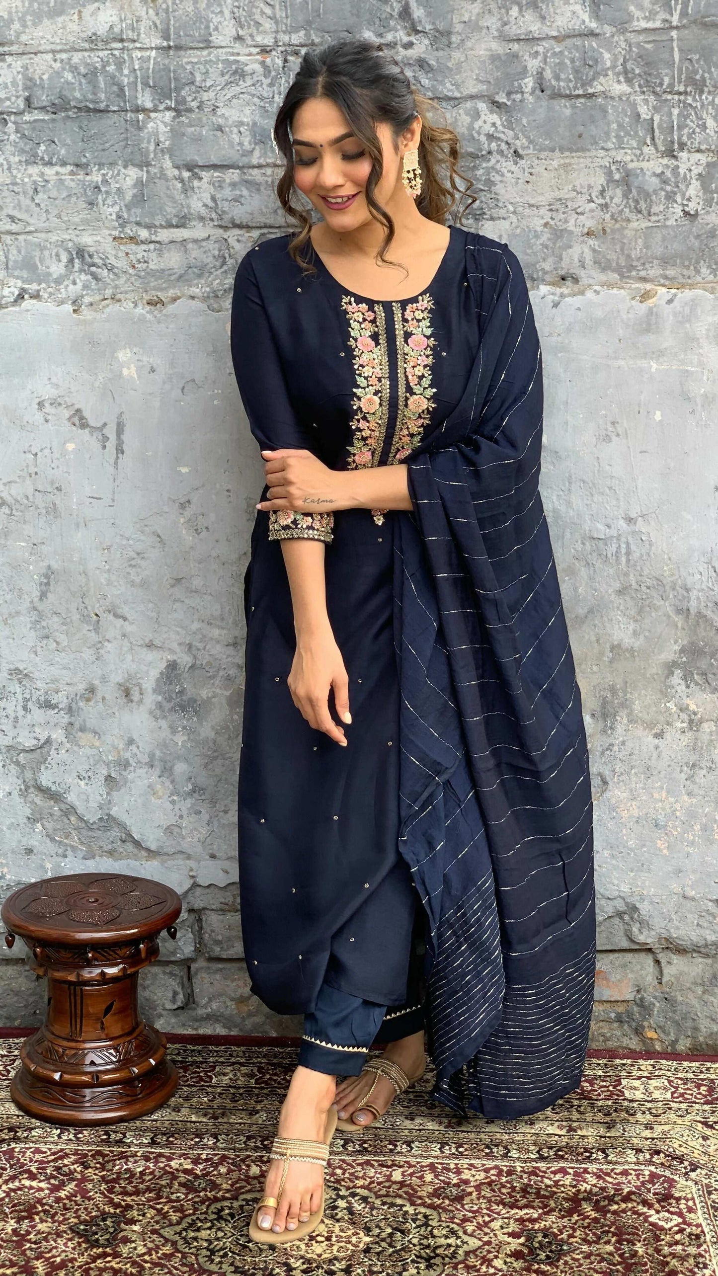 The52 Blue Women's Gorgeous Embroidered Viscose Chanderi Fabric Straight Kurta Pant with Dupatta Set - Swadesiicart