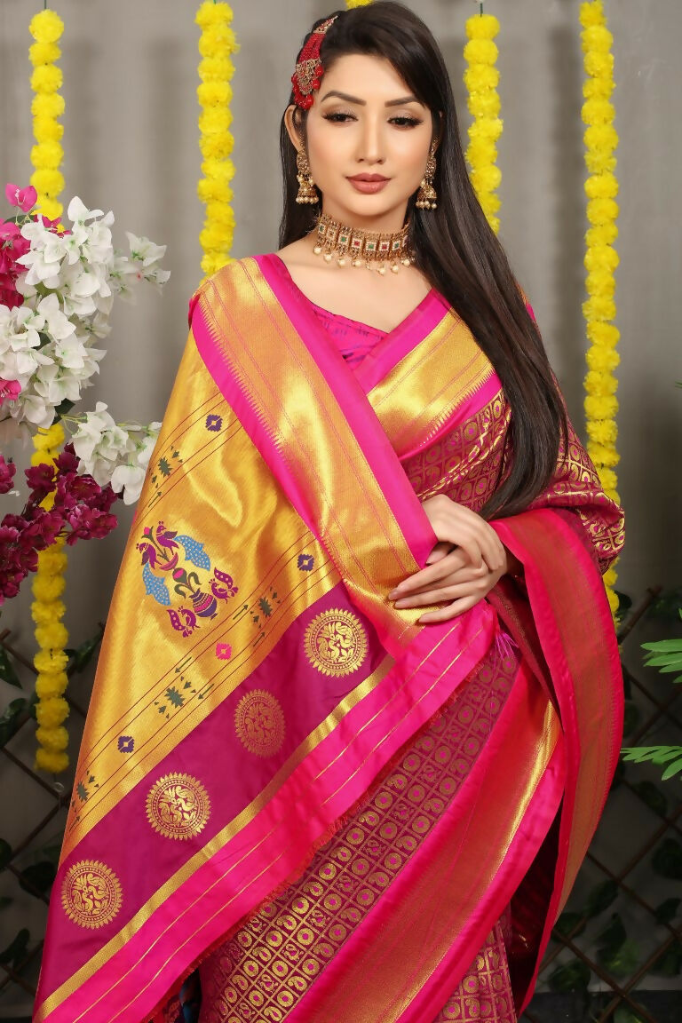 Jyoti Fashion Women's Magenta Banarasi Silk Zari Woven Saree with Blouse | Swadesiicart