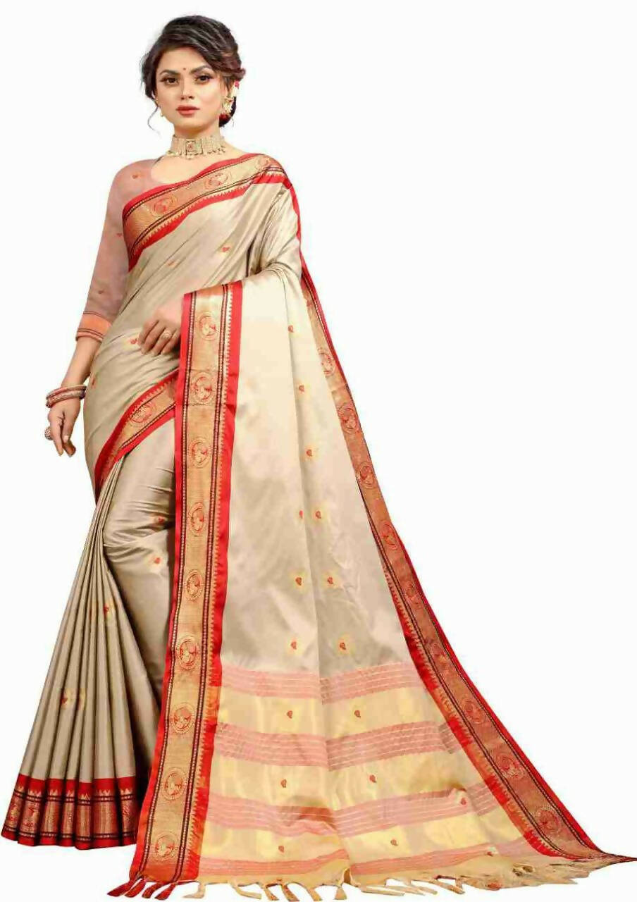 DEIANA'S Beautiful Designer Golden zari Soft Lichi Silk Saree - Cream - Swadesiicart