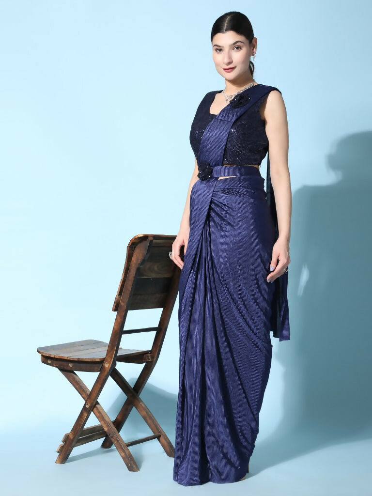 Blue Imported Crush Lycra Texture Pattern Ready to Wear Saree with stitched Blouse - Nirvana | Swadesiicart