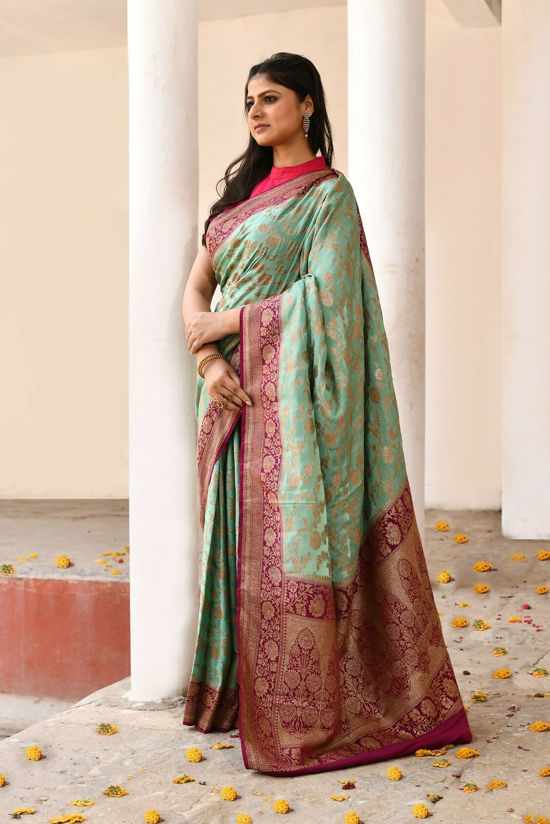 Joban Fashion Aqua Crepe Chiffon Pure Handloom Banarasi Silk Saree | Swadesiicart