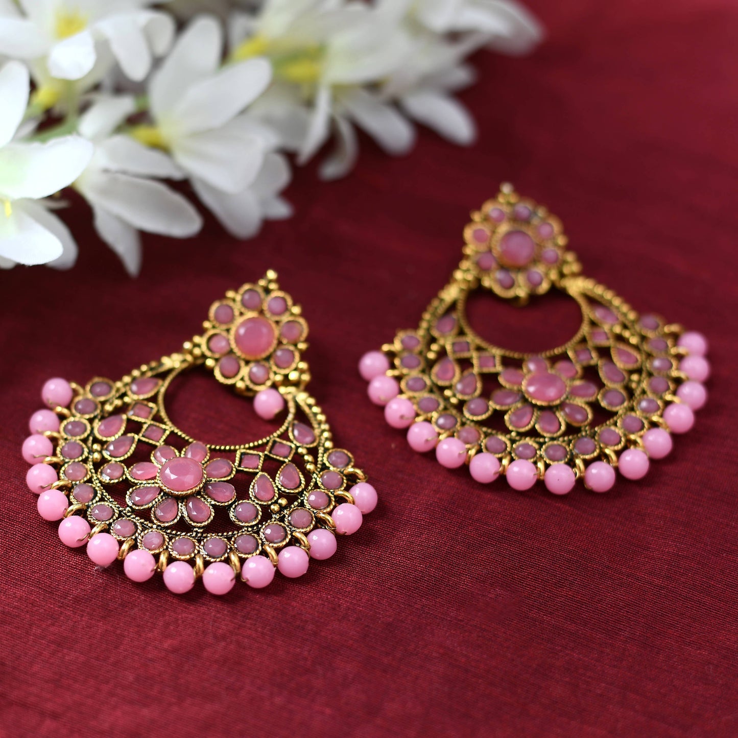 Mominos Fashion Johar Kamal Golden And Pink Beaded Earrings | Swadesiicart