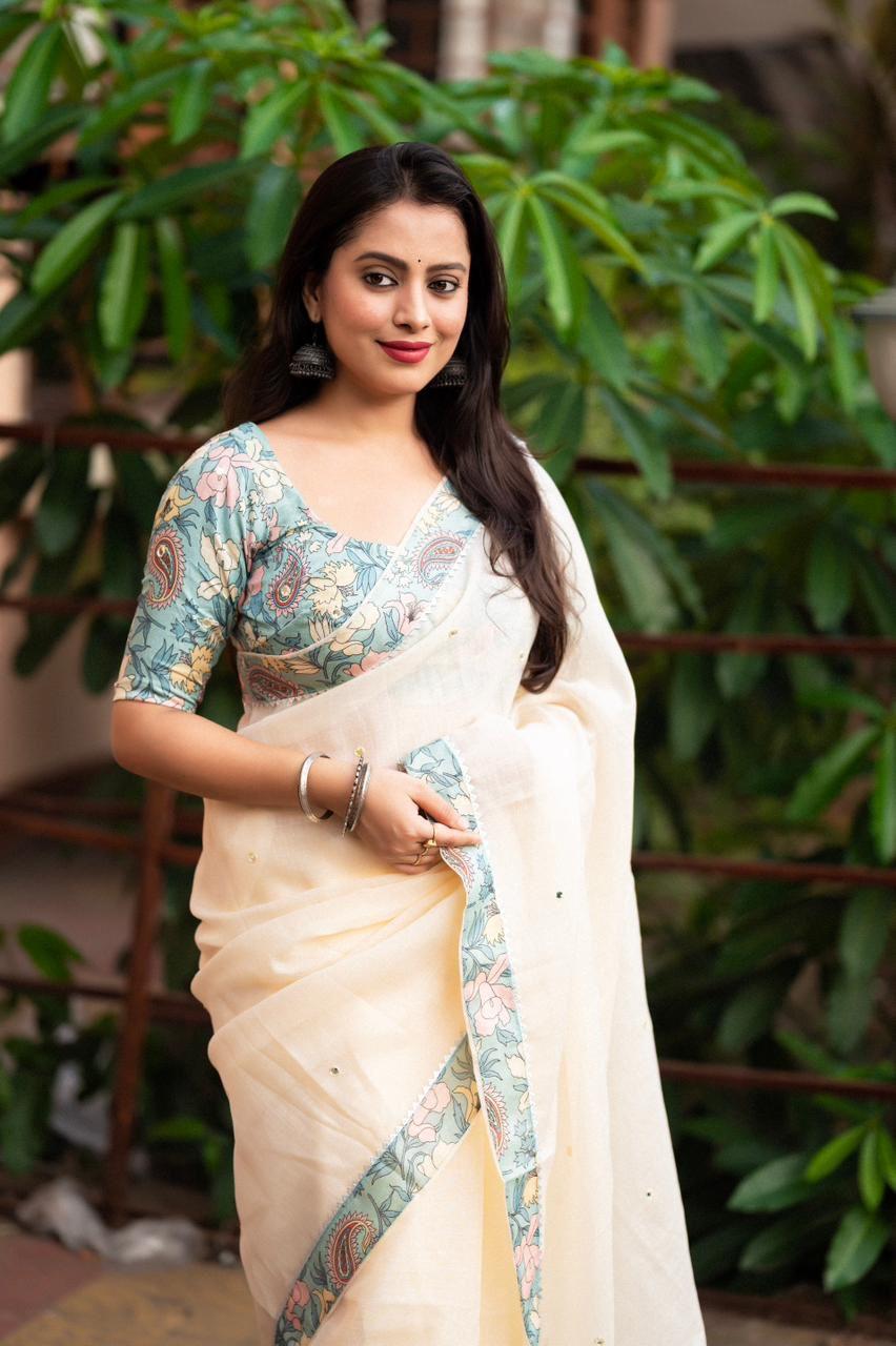 Blue Pure Linen Ethnic Motifs Saree with Unstitched Blouse - Hiral Fashion | Swadesiicart