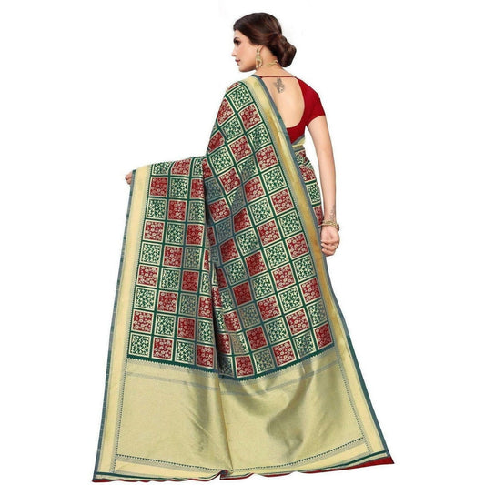 Vamika Banarasi Jaquard Rama Green Weaving Saree (Banarasi 23) | Swadesiicart