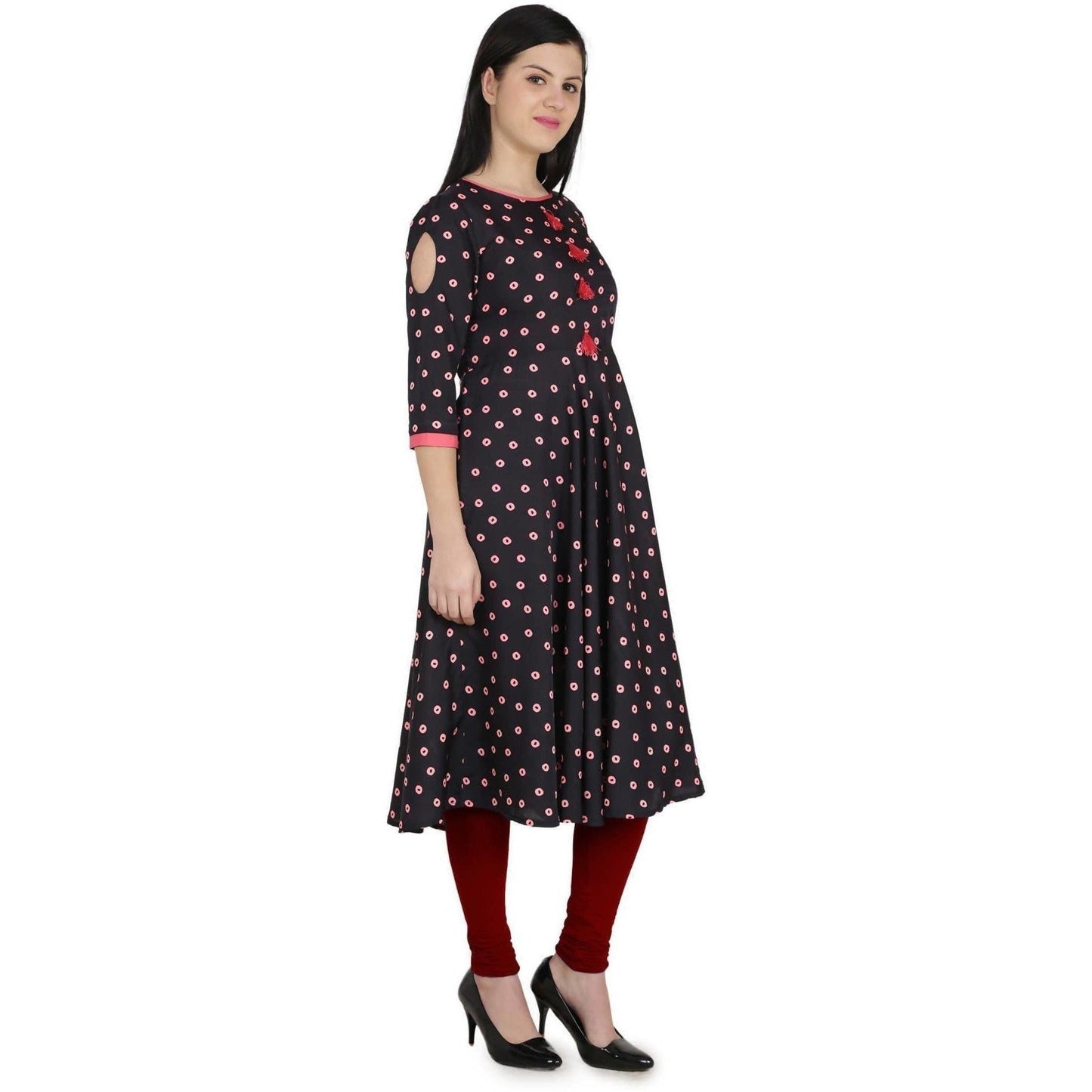 Kanoor Women's Black A line Round neck kurti