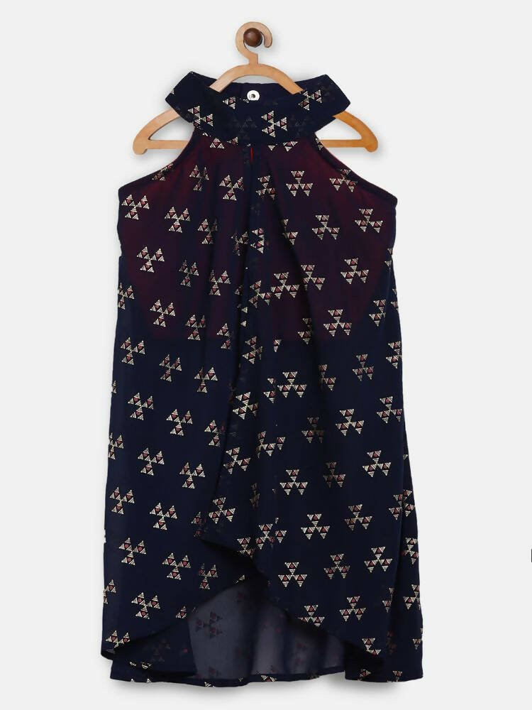 Ahalyaa Navy Printed Chanderi Silk Kids Kurta With Pant For Girls | Swadesiicart