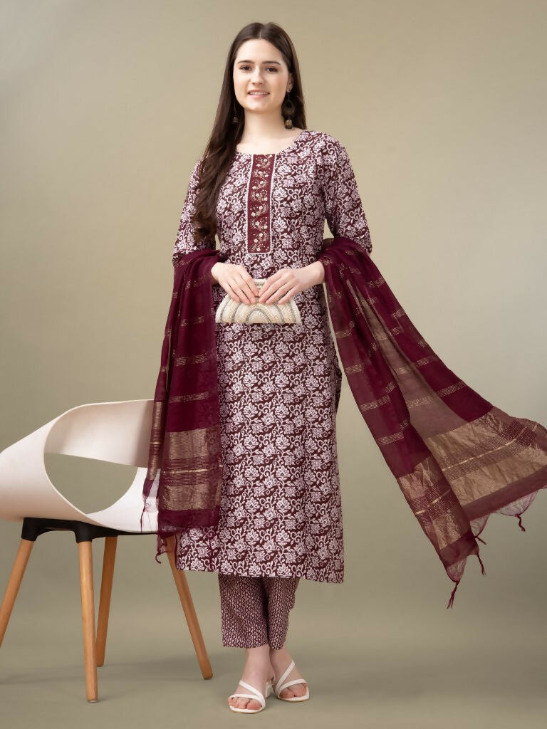Jyoti Fashion Women's Maroon Rayon Embroidery & Sequence work Kurta with Trouser & Dupatta | Swadesiicart