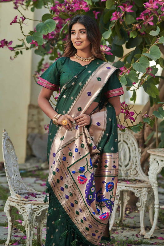 Vishnu Weaves Women's Bottle Green Banarasi Silk Zari Woven Paithani Saree with Unstitched Blouse - Swadesiicart