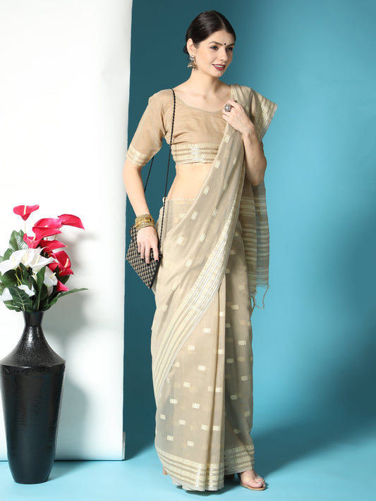 Vishnu Weaves Women's Beige Lucknowi Cotton Chikankari Woven Saree with Blouse - Swadesiicart