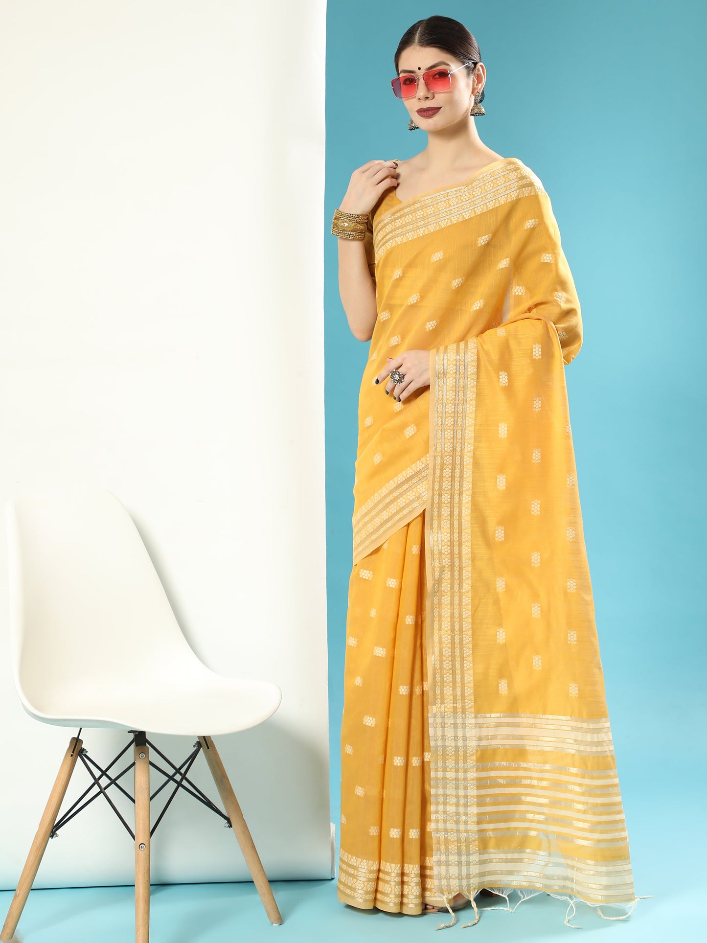 Vishnu Weaves Women's Mustard Lucknowi Cotton Chikankari Woven Saree with Blouse - Swadesiicart