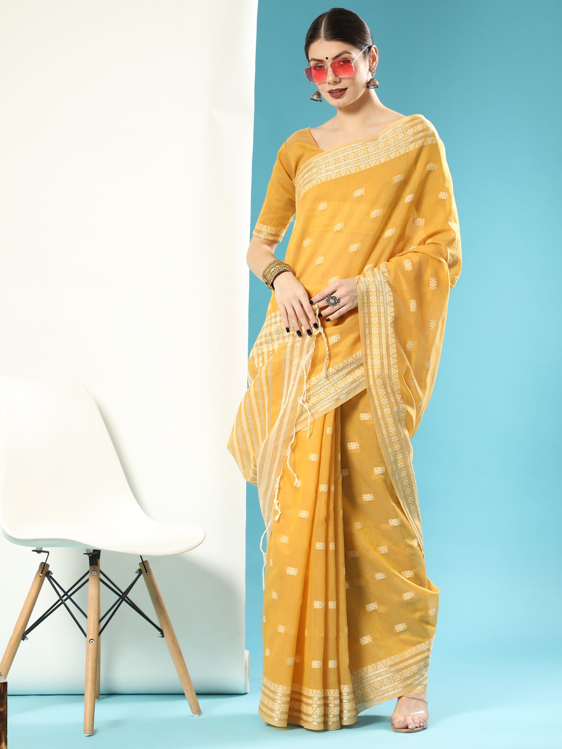 Vishnu Weaves Women's Mustard Lucknowi Cotton Chikankari Woven Saree with Blouse - Swadesiicart