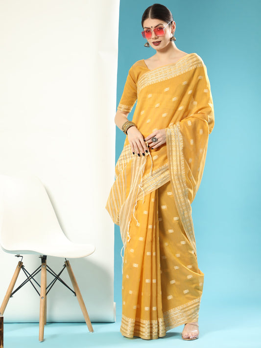 Vishnu Weaves Women's Mustard Lucknowi Cotton Chikankari Woven Saree with Blouse - Swadesiicart