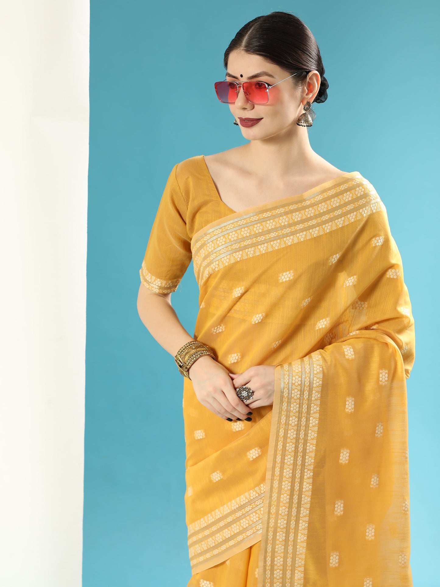 Vishnu Weaves Women's Mustard Lucknowi Cotton Chikankari Woven Saree with Blouse - Swadesiicart