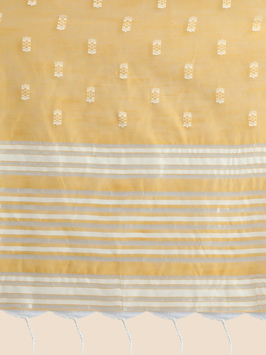 Vishnu Weaves Women's Mustard Lucknowi Cotton Chikankari Woven Saree with Blouse - Swadesiicart