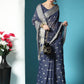Vishnu Weaves Women's Navy Blue Lucknowi Cotton Chikankari Woven Saree with Blouse - Swadesiicart